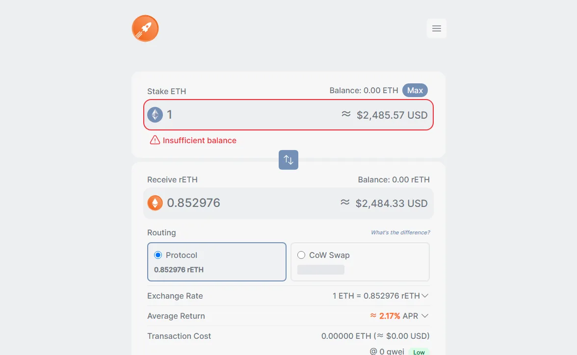 Rocket Pool 官方頁面：上方是 ETH 金額欄位，下方顯示可換得的 rETH 數量，中間的 Routing 區塊讓你在 Protocol 與 CoW Swap 兩條路線之間選，再下面列出兌換比例與年化